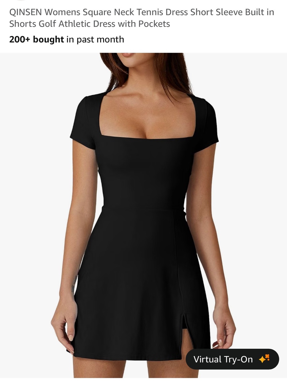 QINSEN Black Square-Neck Athletic Dress with Short Sleeves